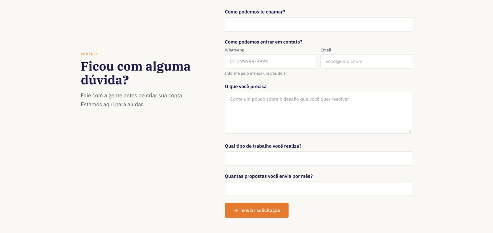 Seção de contato do portfólio do Propora em duas colunas: à esquerda o título Ficou com alguma dúvida e o texto de apoio, à direita o formulário de pedido de orçamento