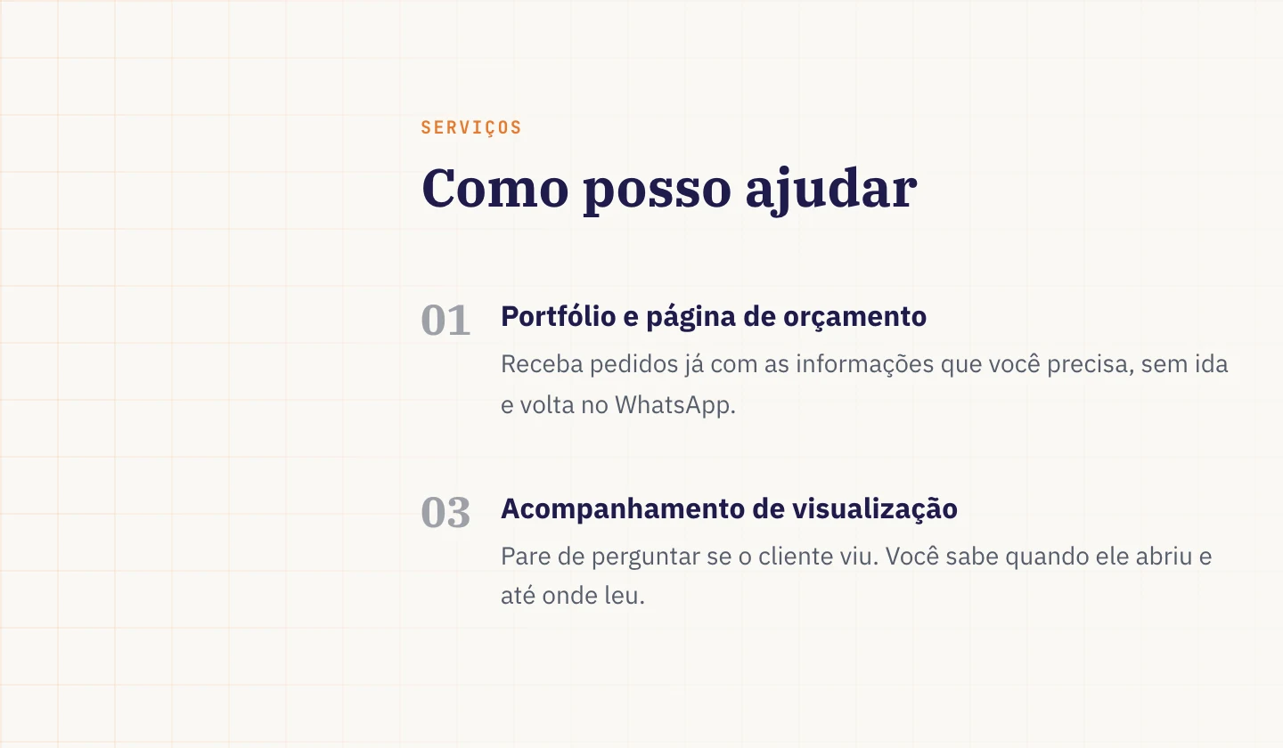 Detalhe do portfólio do Propora com fundo em grade: linhas finas laranja formando quadrados na margem lateral, mais suaves atrás do título Como posso ajudar