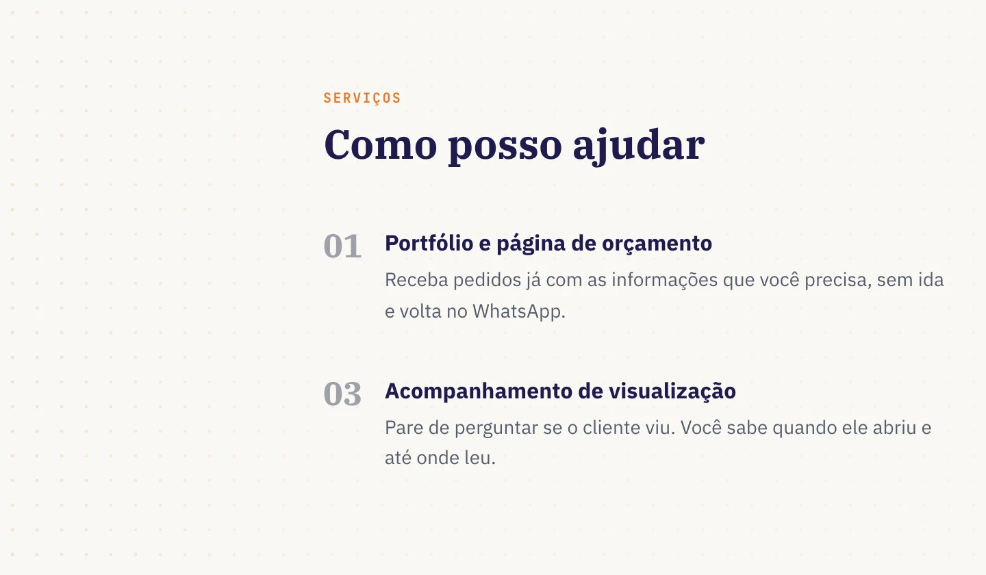 Detalhe do portfólio do Propora com fundo pontilhado: pontinhos laranja na margem lateral, ficando mais suaves atrás do título Como posso ajudar