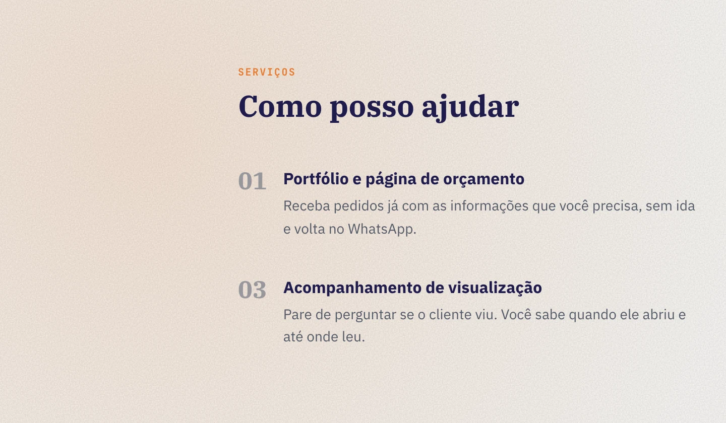 Detalhe do portfólio do Propora com fundo de textura: mancha suave em tom laranja e granulado de papel atrás do título Como posso ajudar